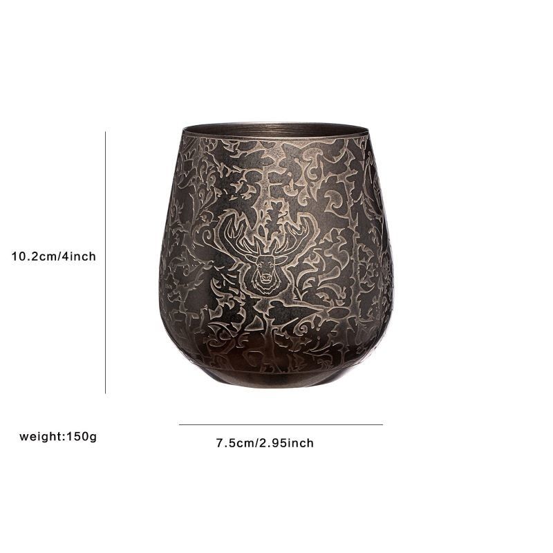 Vidro de vinho de aço inoxidável, forma de ovo, desenho de estaca gravada, taça de vinho de cor prateada vintage