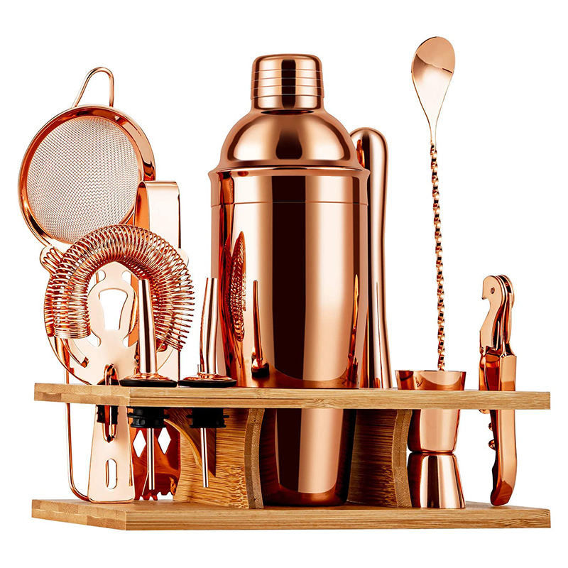 Cocktail Shaker de aço inoxidável 10 peças base de madeira Bar Set para bartending